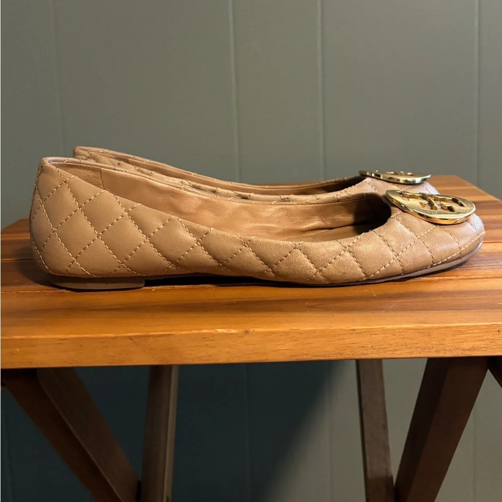 Tory Burch Quilted Taupe Leather Flats with Gold Logo Medallions